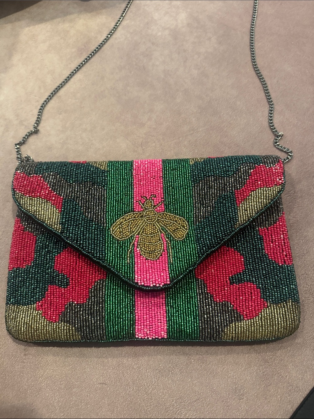 Beaded Envelope Clutch with Bee Motif in Green and Pink